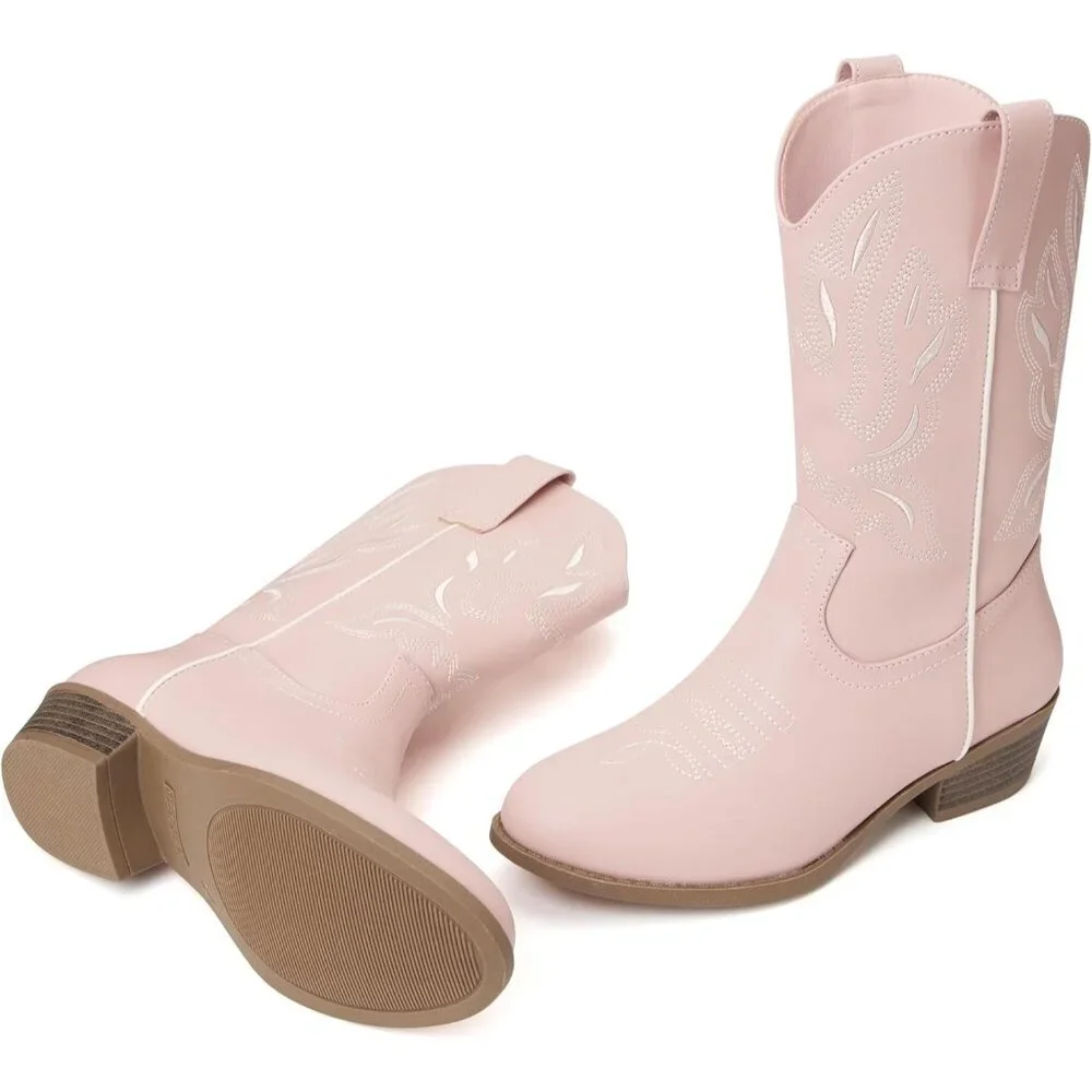 ⚡Kids Pink Polyurethane Cowboy Pointed Toe Mid-Calf Embroidered Side Zipper Boot